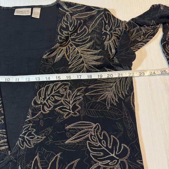 CHICO'S Travelers Cardigan 2 Black Tropical Palm Print Tie Front Stretchy Slinky - Picture 6 of 7